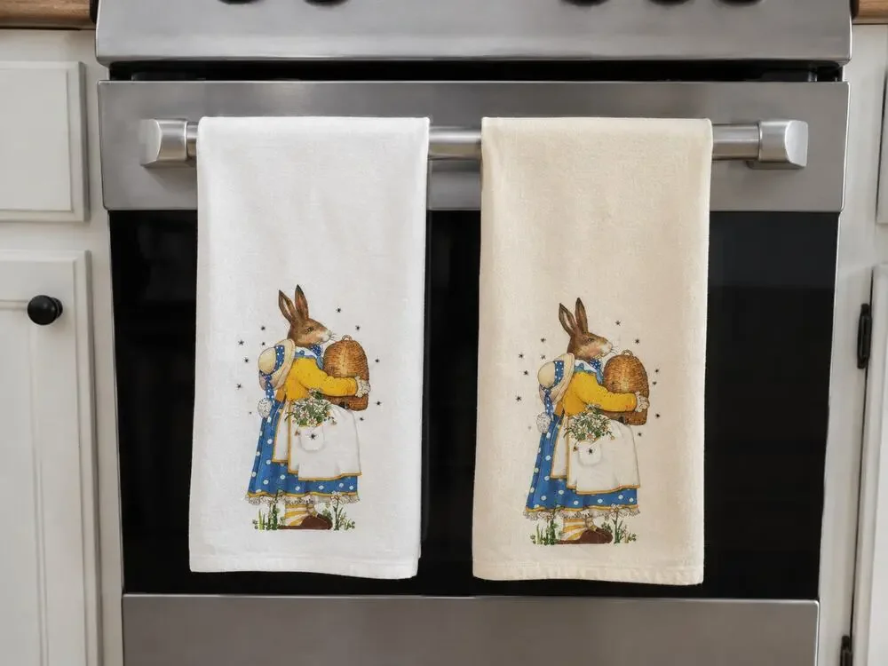 Cottage Bunny Rabbit Tea Towels100 % CottonFarmhouse Kitchen  Set 2 30x28 Easter